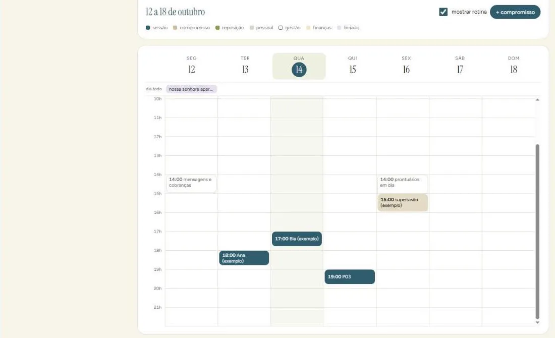 Agenda semanal com sessões, rotina e supervisão