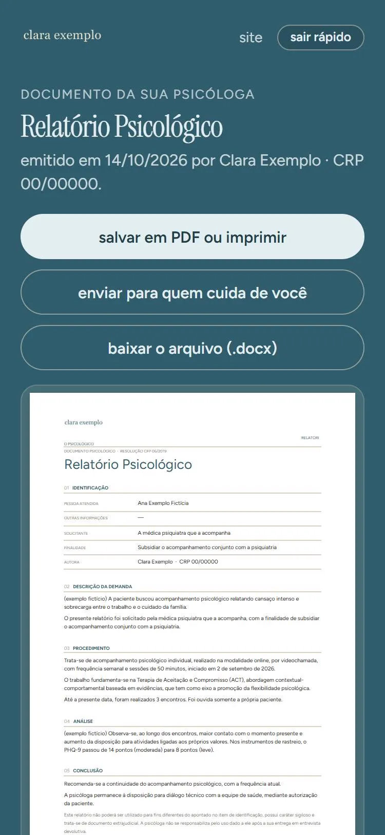 Documento entregue no espaço da paciente, com botões de salvar em PDF e enviar