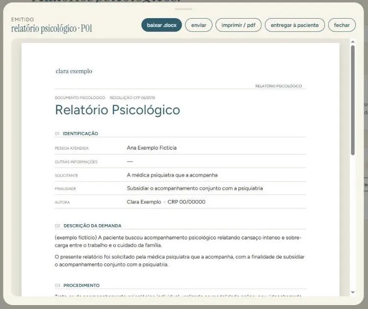 Relatório psicológico gerado com a marca da profissional